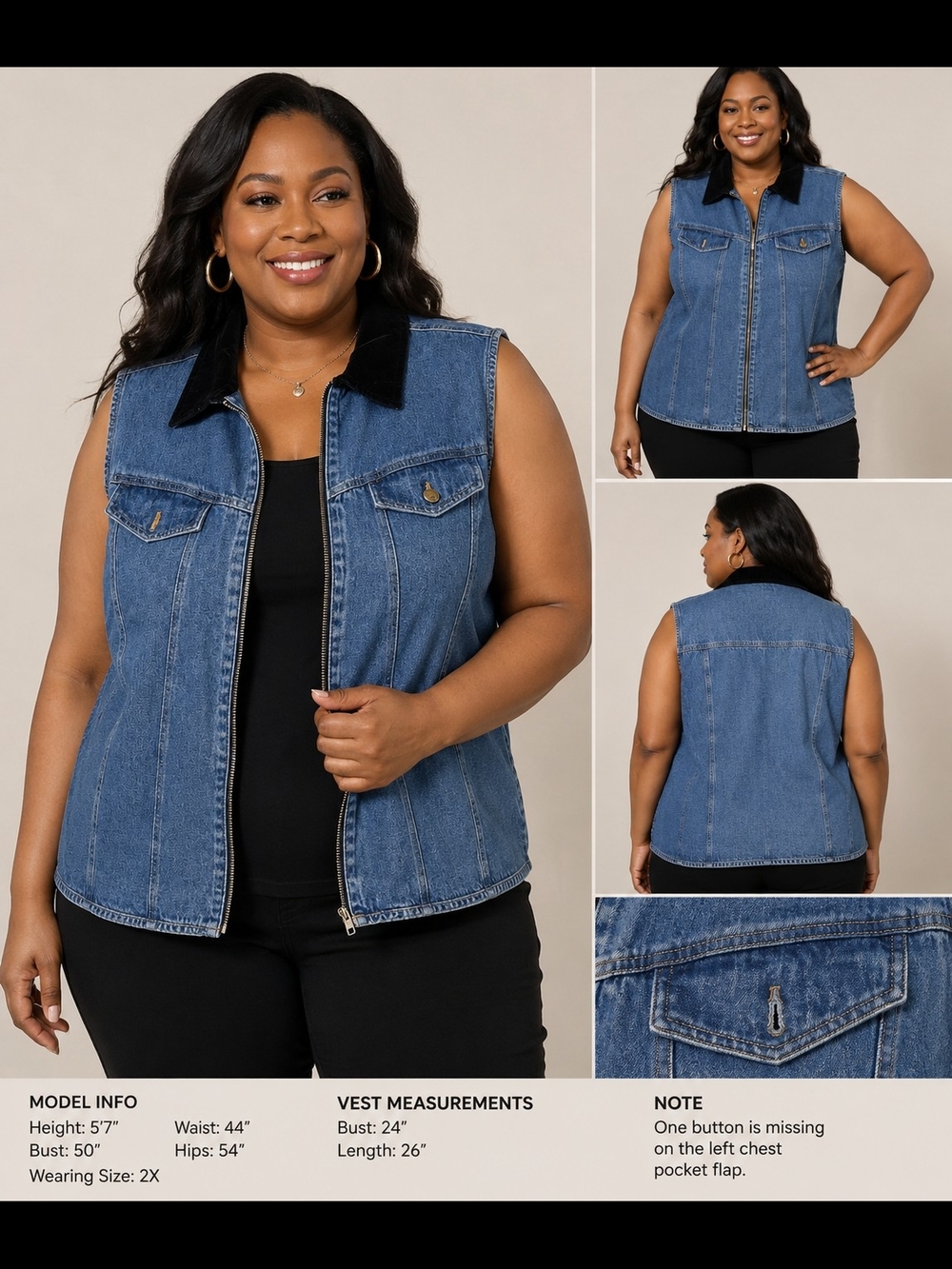 Bill Blass 2X Denim Vest Blue Jean Zip Front Black Velvet Collar